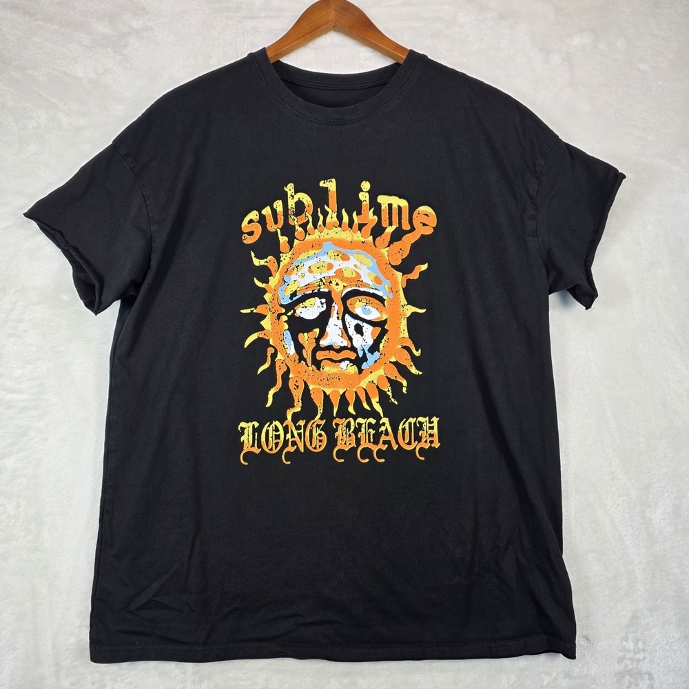 Sublime Long Beach Cali Graphic T-shirt Mushroom Sun Sz M Black Short Cut Sleeve